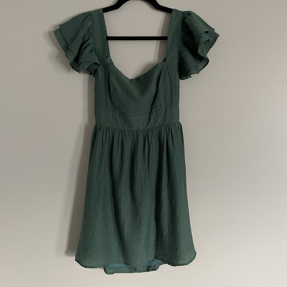 Women's Flutter Sleeve Mini Dress Hunter Green Size S Tie‎ Back Fairy Party Soft - Picture 3 of 14